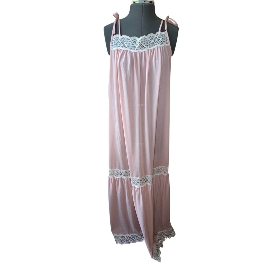 1970s Vintage Pink Lace Trim Sleeveless Maxi‎ Dress Large Prairie Cottage Boho